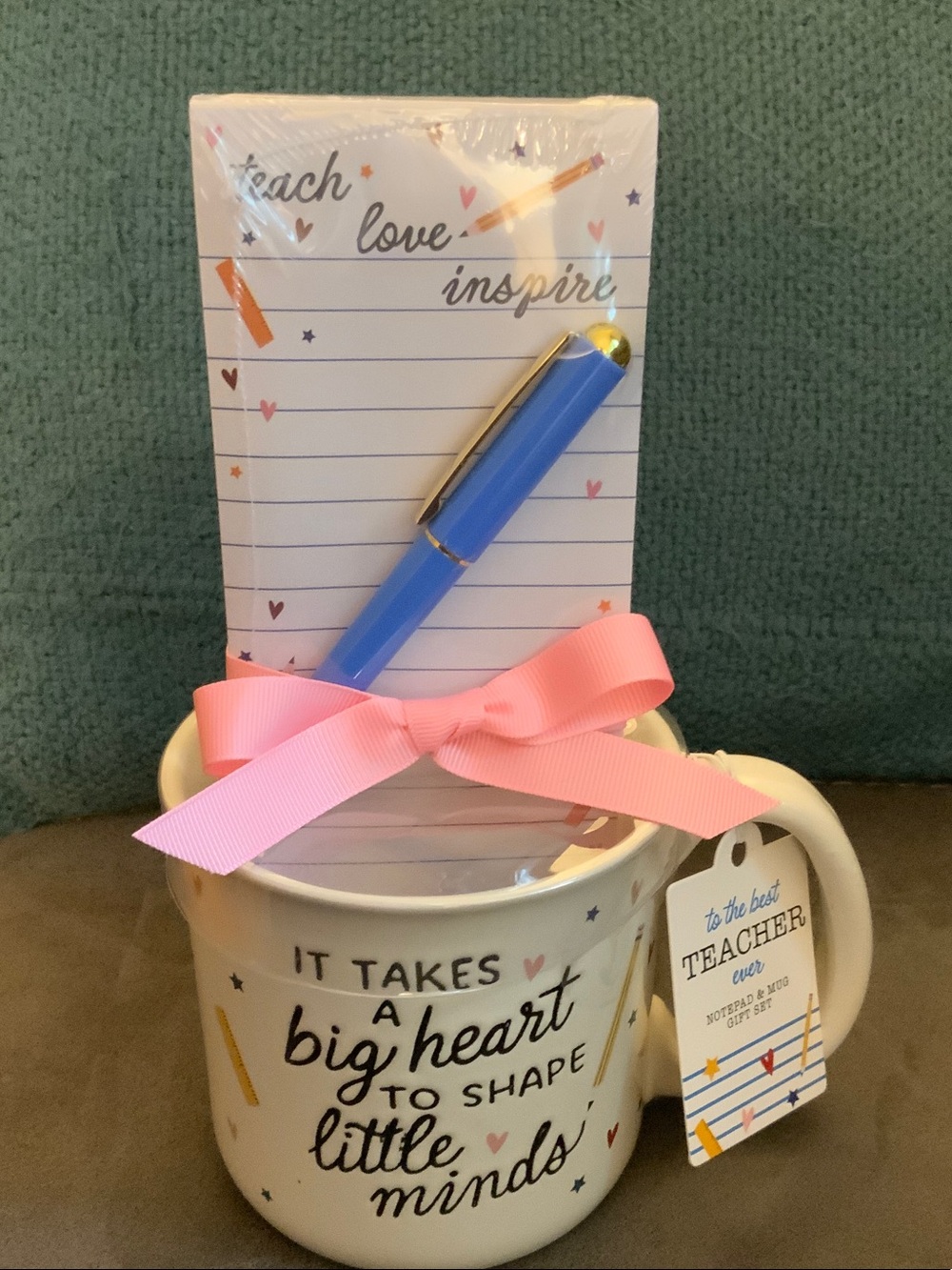 Teacher Appreciation Ceramic Mug Gift Set in White with Pink Bow